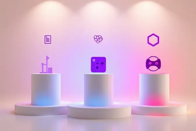 Três pódios minimalistas com acentos de cor representando perfis de usuário de notebook: profissional, criativo e gamer