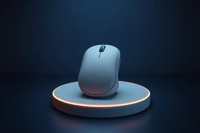 Render 3D conceitual de mouse vertical com anel orbital de luzes simbolizando adaptação progressiva ao uso ergonômico.