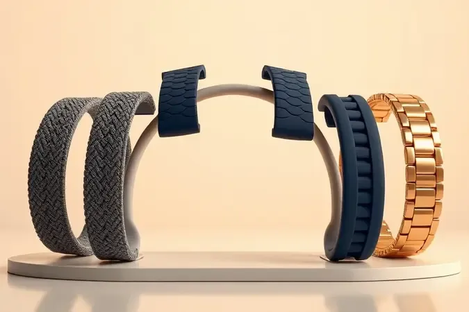 Render 3D conceitual de pulseiras intercambiáveis em materiais variados exibidas em suporte minimalista com iluminação suave profissional.