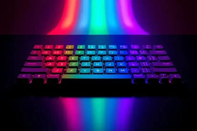 Render 3D de teclas de teclado gamer com gradiente de iluminação RGB personalizada em arco-íris e feixes de luz