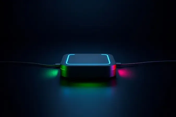 Placa de captura externa genérica em 3D com acentos luminosos azul, verde e vermelho simbolizando conexão com consoles de videogame.