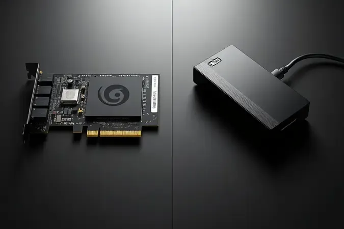 Comparação conceitual 3D entre placa de captura interna PCIe e externa USB lado a lado destacando os diferentes formatos.
