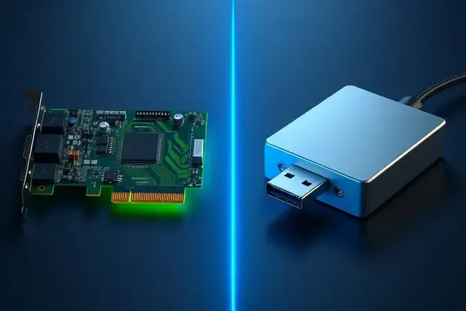 Comparação 3D entre placa de som interna PCIe e interface de áudio USB externa moderna