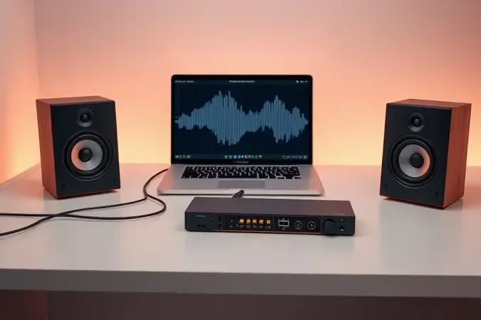Render 3D mostrando placa de som USB conectada a laptop e monitores de estúdio em composição minimalista
