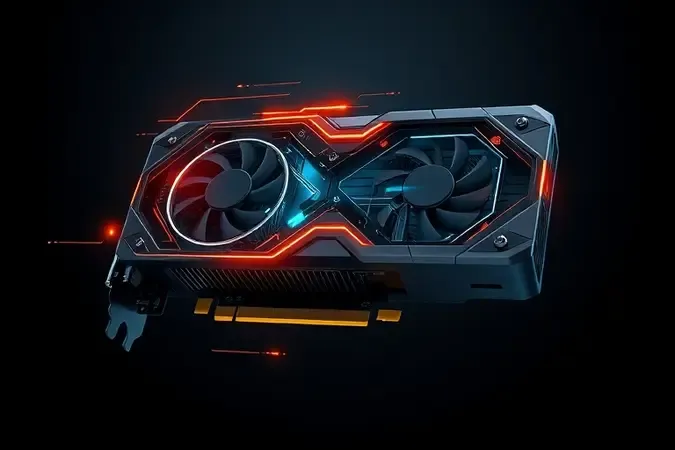 Renderização conceitual 3D de placa de vídeo com padrões geométricos abstratos e linhas de energia em tons ciano e laranja.