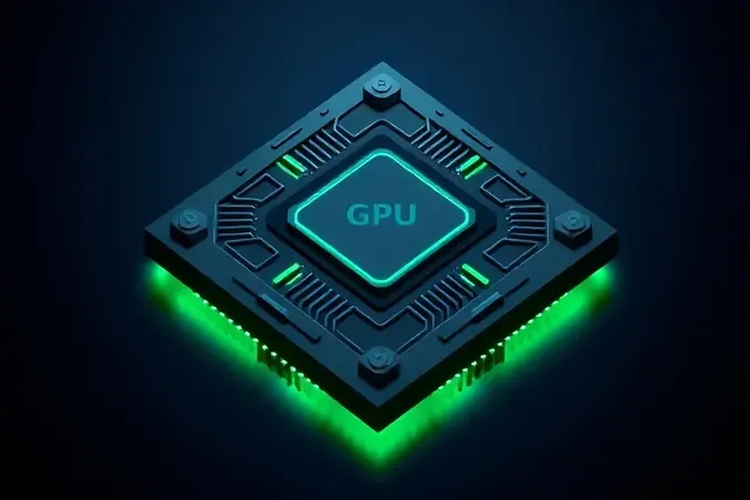 Render 3D conceitual de arquitetura de chip GPU com padrões geométricos e iluminação neon