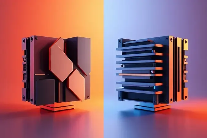 Comparação conceitual 3D entre placas de vídeo integrada e dedicada com formas geométricas abstratas e iluminação profissional.