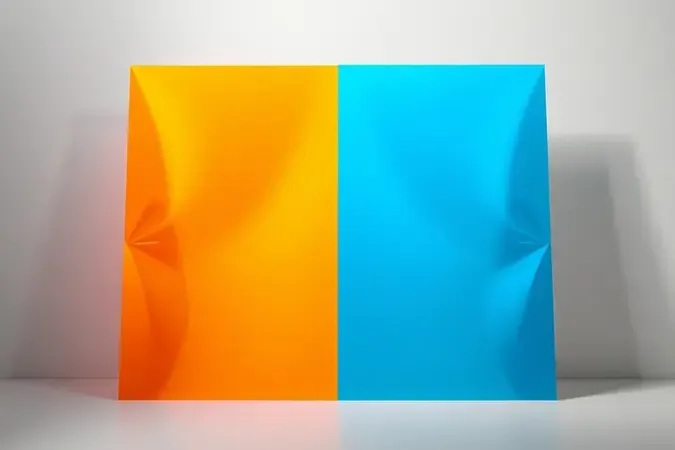 Cena conceitual dividida contrastando plastificação a quente com tons quentes e plastificação a frio com tons frios em render 3D.