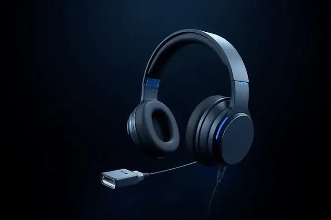 Render 3D de headset gamer com transmissor USB e linhas de conexão abstratas representando tecnologia sem fio de baixa latência.