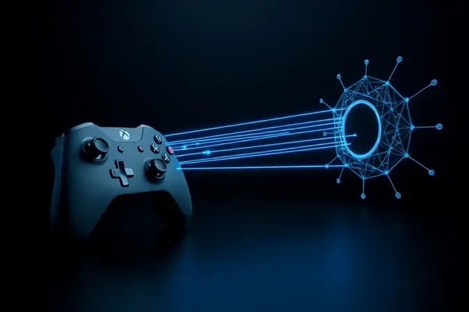 Render 3D conceitual de controle emitindo feixes de luz representando transmissão de dados em alta velocidade e baixa latência.