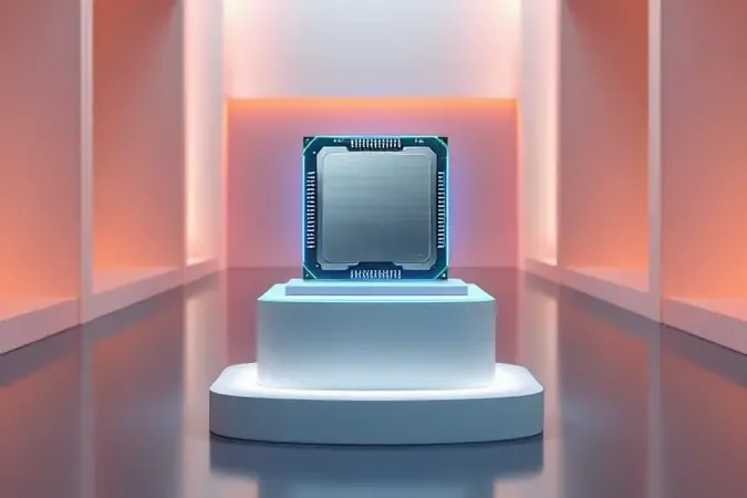 Processador genérico em destaque sobre pedestal minimalista com iluminação azul sutil, simbolizando qualidade e confiabilidade dos processadores Intel.