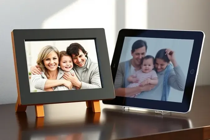 Comparação conceitual entre porta-retrato digital dedicado e tablet exibindo a mesma foto em ambiente residencial.