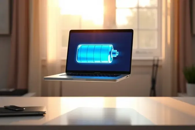 Render 3D conceitual de notebook ultrafino com ícone de bateria representando portabilidade e autonomia.