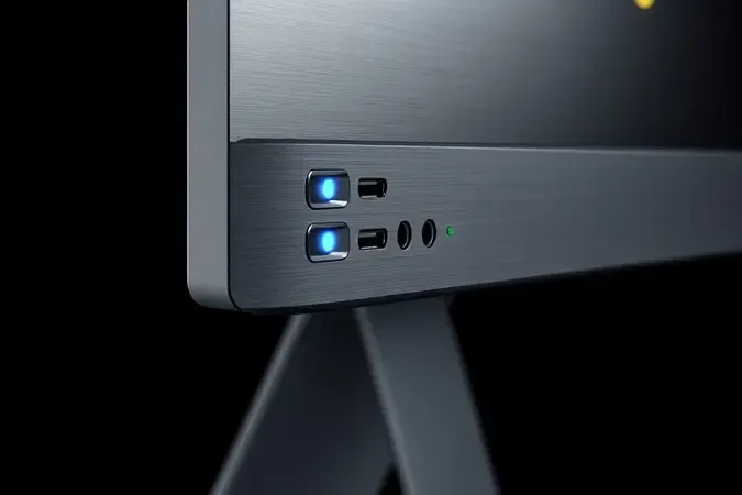 Detalhe 3D das portas de conectividade de computador all in one moderno com iluminação sutil elegante