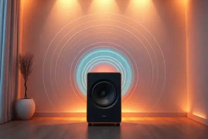 Render 3D conceitual mostrando propagação de ondas sonoras a partir de caixa de som em ambiente minimalista com reflexos acústicos.