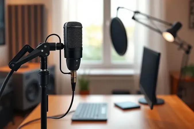 Render 3D de microfone sem marca em braço articulado com posicionamento ergonômico ideal em home studio com painel acústico.