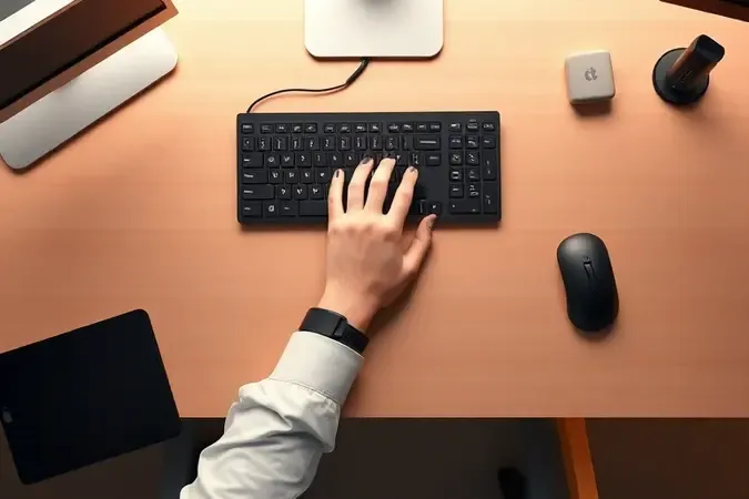Demonstração de posicionamento ergonômico correto do pulso ao digitar com apoio de punho, vista superior em renderização 3D.
