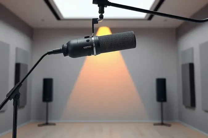 Renderização 3D de microfone shotgun em vara de boom com cone de captação direcional em ambiente de estúdio minimalista.