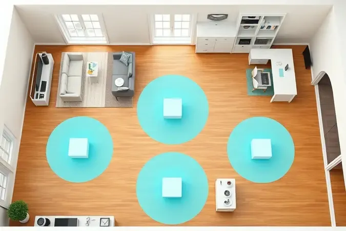 Visualização 3D de planta residencial com posicionamento ideal de módulos mesh e zonas de cobertura Wi-Fi sobrepostas.