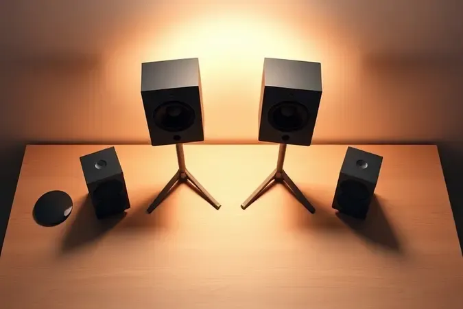 Render 3D de vista superior de mesa de estúdio minimalista com dois monitores de áudio posicionados simetricamente em suportes isolados formando triângulo equilátero.