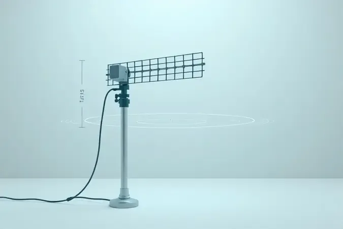 Ilustração conceitual 3D de ajuste fino de posicionamento e orientação de antena digital externa com guias direcionais.