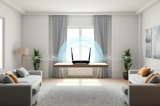 Roteador posicionado em local ideal em sala minimalista com ondas de sinal Wi-Fi se propagando uniformemente pelo ambiente.