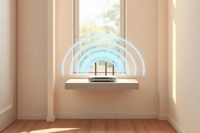 Renderização 3D conceitual mostrando roteador em posição elevada com ondas de sinal Wi-Fi se propagando em ambiente interno moderno.