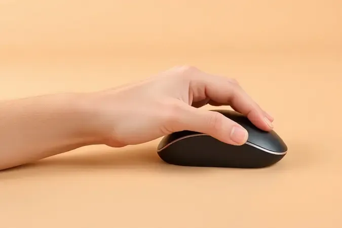 Mão em postura neutra apoiada sobre mouse ergonômico, demonstrando alinhamento correto do pulso para prevenir lesões.
