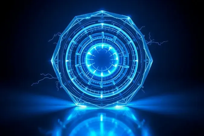 Conceito 3D de potência e eficiência energética com anéis concêntricos luminosos e caminhos elétricos abstratos.