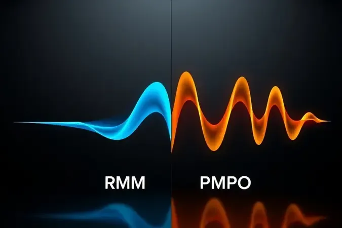 Visualização 3D conceitual comparando potência RMS e PMPO com formas de onda abstratas divididas em tons de azul e âmbar.