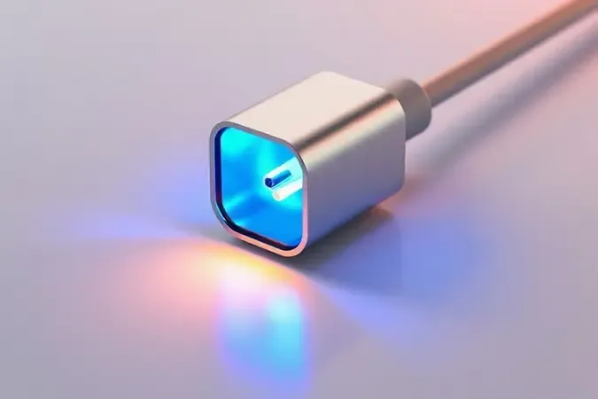 Visualização conceitual 3D do padrão Power Delivery com conector USB-C emitindo brilho azul de energia sobre superfície neutra.