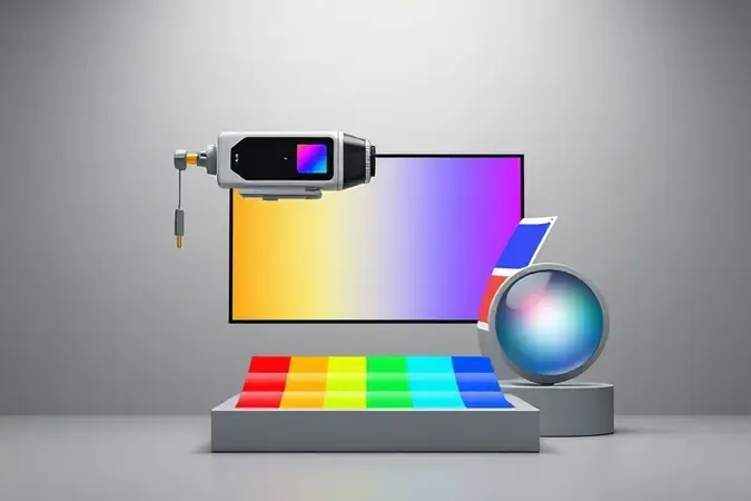 Cena conceitual 3D de calibração de cores com espectro cromático e colorímetro em ambiente de estúdio moderno.