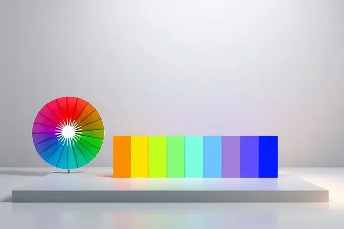 Renderização 3D conceitual de precisão de cores e gama dinâmica para edição de vídeo, com espectro cromático e barras de gradiente.