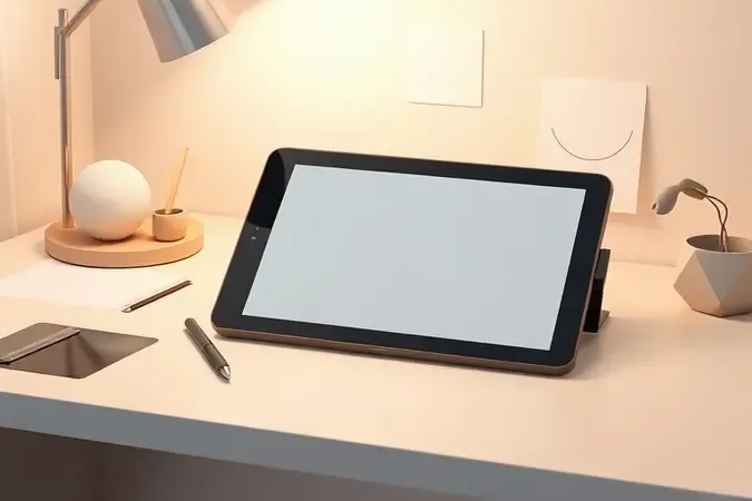 Setup conceitual para desenho digital iniciante com mesa digitalizadora, stylus e formas básicas flutuantes em renderização 3D