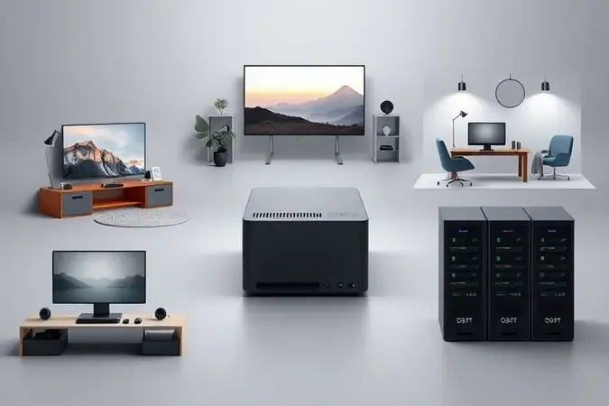 Renderização 3D de um mini PC versátil rodeado por cenas abstratas representando usos como central multimídia, escritório e servidor.