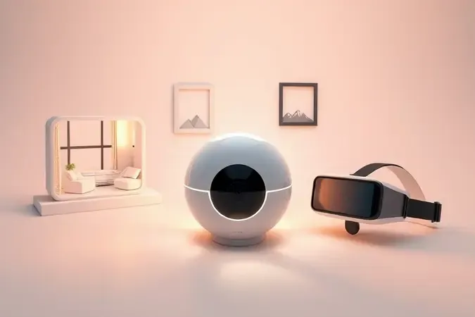 Cena conceitual 3D mostrando aplicações de câmera 360 graus incluindo tour virtual, paisagens de viagem, redes sociais e headset de realidade virtual.