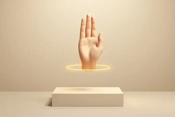 Render 3D conceitual mostrando postura neutra da mão em ângulo ergonômico ideal com indicadores de alinhamento do punho.