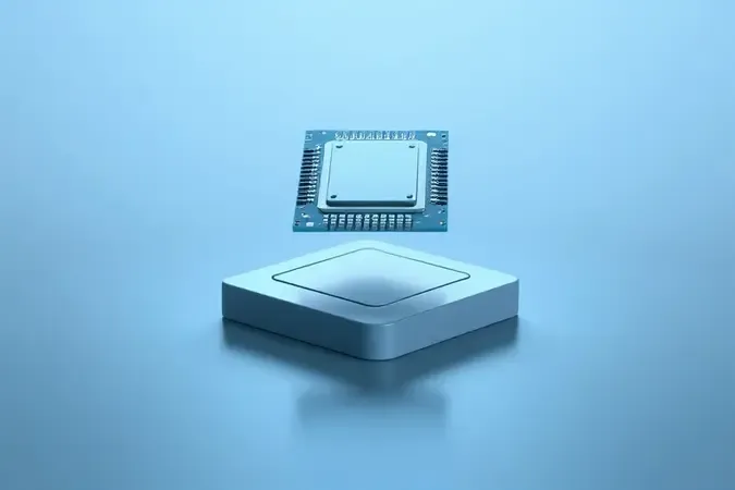 Render 3D conceitual de um chip de processador estilizado representando o desempenho do processador Celeron em notebooks de entrada.