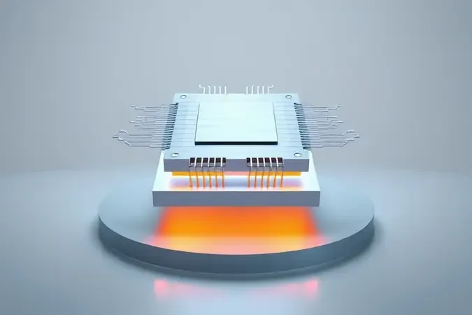 Renderização 3D conceitual de chip processador estilizado flutuante com linhas de circuito minimalistas e iluminação profissional.