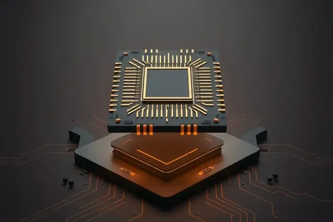Chip de processador estilizado em renderização 3D conceitual sobre superfície inspirada em placa-mãe com tons neutros e detalhes dourados.