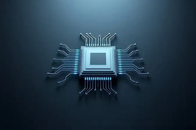 Renderização 3D conceitual de microprocessador flutuante com circuitos geométricos abstratos e iluminação profissional azul e prateada.