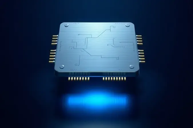 Render 3D conceitual de processador moderno flutuando com iluminação azul suave simbolizando o coração tecnológico de um notebook