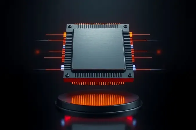 Renderização 3D de processador de alto desempenho emitindo ondas de energia sobre superfície escura reflexiva.