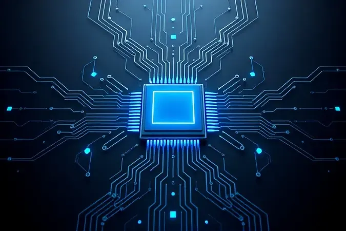 Render 3D conceitual abstrato de núcleo tecnológico representando processador e desempenho computacional.
