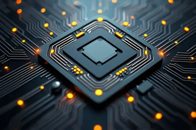 Renderização conceitual abstrata de núcleo de processador com detalhes metálicos e iluminação profissional.