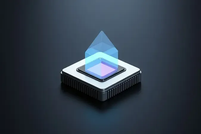 Processador conceitual com formas geométricas holográficas representando gráficos integrados em render 3D.