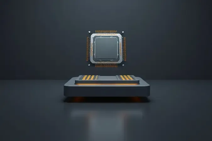 Render 3D conceitual abstrato de chip processador e módulos de memória flutuando com detalhes dourados e prateados sobre superfície reflexiva limpa.