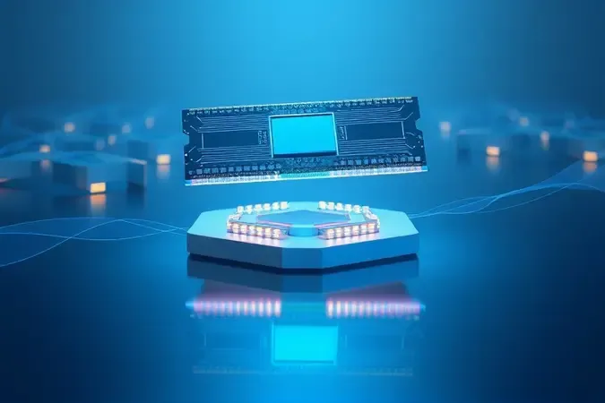 Renderização 3D conceitual de processador e módulos de memória RAM flutuando sobre superfície limpa com traços de circuitos luminosos.