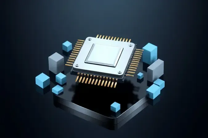 Render 3D conceitual de processador moderno representando desempenho de notebooks com chips Celeron até Ryzen 7.