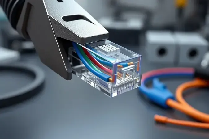 Processo de crimpagem de cabo de rede com alicate pressionando conector RJ-45 sobre bancada limpa